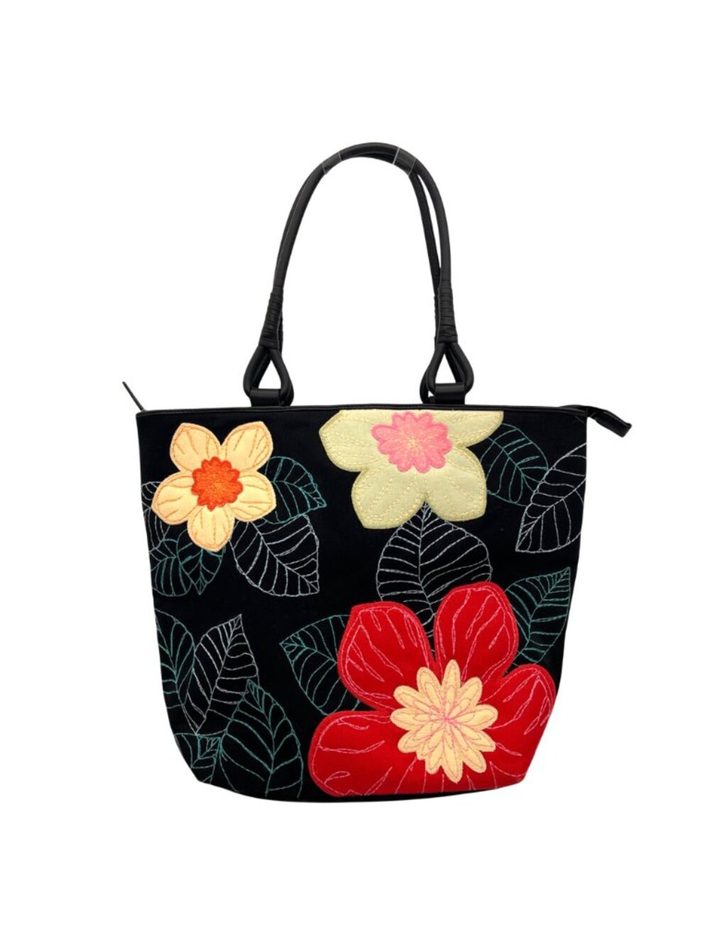 Talbots Floral Embroidered Black Tote Bag With Red & Yellow Flowers 11"x10"x5" - Picture 6 of 14